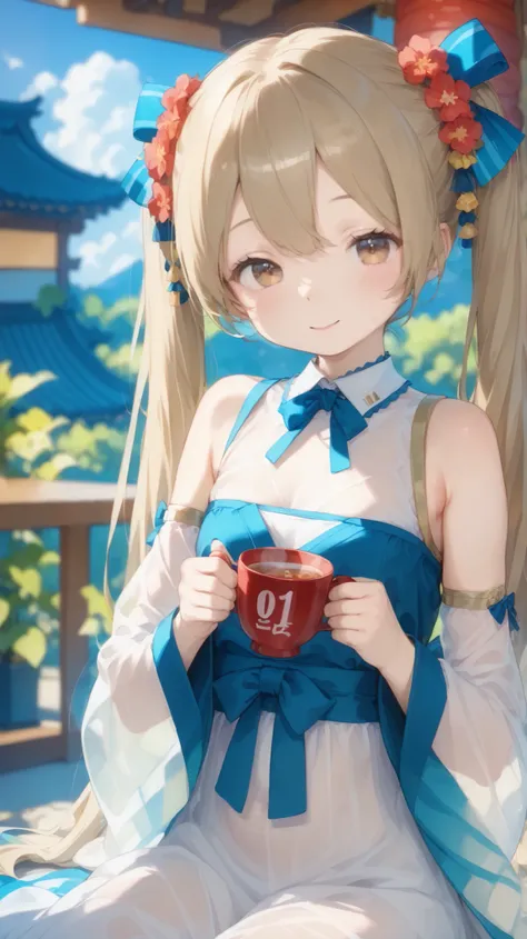 perfect anatomy:1.5、(((Japanese woman, Japanese girl))), ２A 0 year old girl drinks tea with a、cute face、cute girl, light brown eyes showing armpit sweats:1.3, white large sheer hemp dress, Sleeves that hide up to the fingertips , Big sleeves, (((White shee...