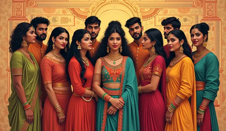 "Modern-day South Asian people in colorful traditional clothing juxtaposed with ancient Indus patterns in background, fusion of past and present."