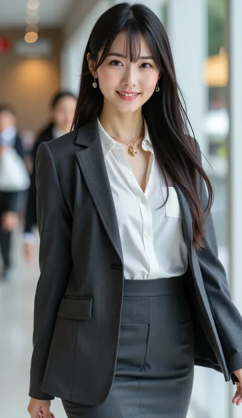 Top Quality, Sleek long black hair     , professional office lady with long dark hair, model walk, detailed eye and skin texture, studio lighting for women, 30 years old,     dark eyes, Elegant, medium breasts,      plump lips, earrings, necklace for 1 per...