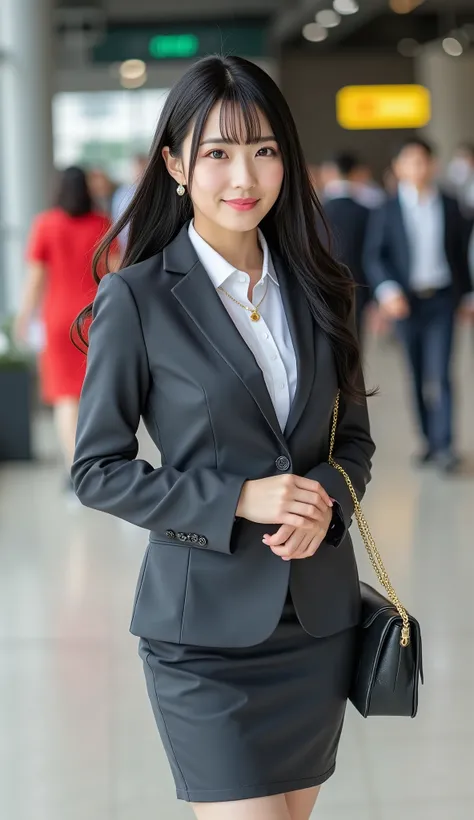 Top Quality, ((full body image)), Sleek long black hair     , professional office lady with long dark hair, model walk, detailed eye and skin texture, studio lighting for women, 30 years old,     dark eyes, Elegant, medium breasts,      plump lips, earring...