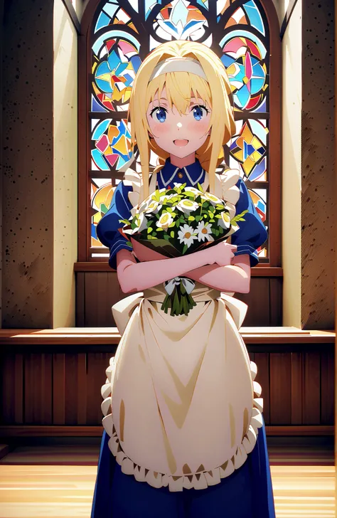 Alicesburg, Alice Zuburg, bungs,  Gold, hair between eyes, Very single braid, white headband ,smile,blush,open your mouth,
break dress, bow, ribbon, Short sleeve, frills, apron, puffy Short sleeve, Blue clothes, white bow, white apron, frilled apron,Holdin...