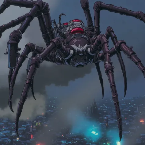 A massive mechanical spider with multiple articulated legs, emerging from smoke on a war-torn battlefield, ultra-realistic, cinematic lighting, low-angle shot, extreme perspective, complex biomechanical design, glistening metal surfaces, glowing red eyes, ...