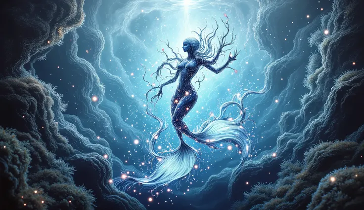 surreal fantasy, scifi, watercolor, sumi-e, an underwater landscape where vegetation moves with the movement of water, A mechanical mermaid swims quietly in the middle of the fish, ao fundo ve-se um hammerhead , with neon lights and circuits, scifi, cyberp...