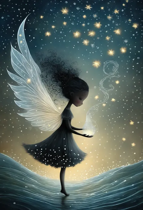 Quirky but very beautiful character by nicoletta ceccoli and Jean Baptiste Monge, silhouette of a little phoenix with beautiful transparent sparkling wings, magical world, many little heart drops fluttering from the waves, she has lost one leg has beautifu...