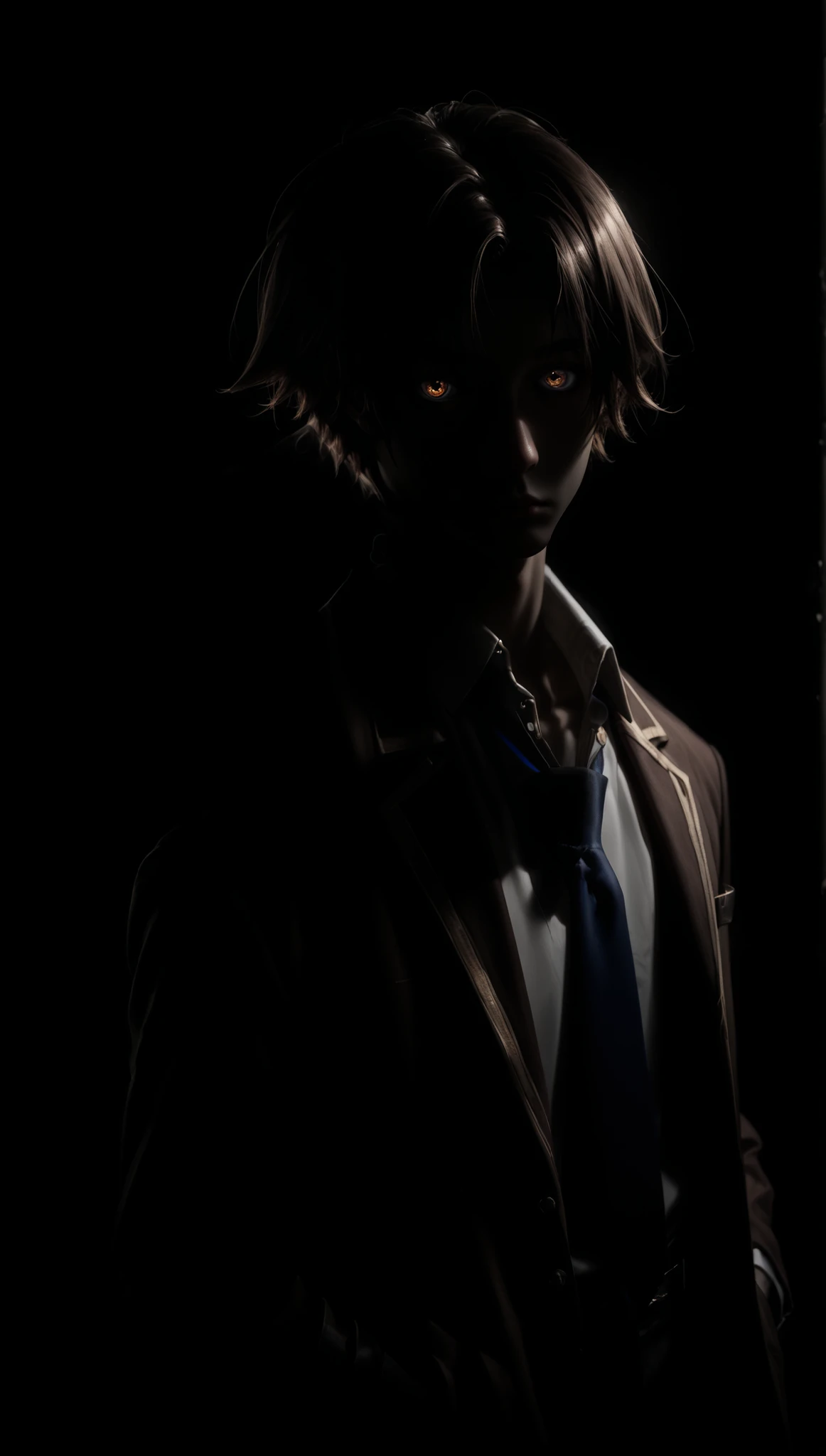 1boy, brown hair, brown eyes, calm eyes, short hair, bangs, parted bangs, school uniform, jacket, necktie, blue necktie, shirt, white shirt, collared shirt, looking at viewer, looking at viewer, very aesthetic, masterpiece, luminous eyes, cool calm gaze, r...