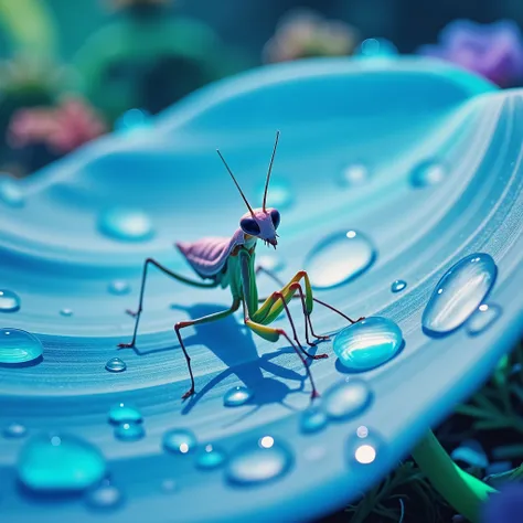 Cannon F2.8 100㎜ macro lens、((A baby praying mantis is reflected in the drops of water in a light blue petal drop))、Microscopic Wonderland!隠された王国にズームイン—macro lensが必要です!