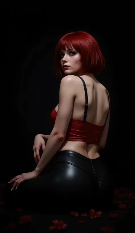 Her name is Lilith. She is the vivid expression of defeat, she is sad and rejected. Her hair is short and cut in a bob style, a fiery red with bangs, detailed hair, very sexy scalded hair. She is beautiful, wears gothic makeup and her eyes look at the came...