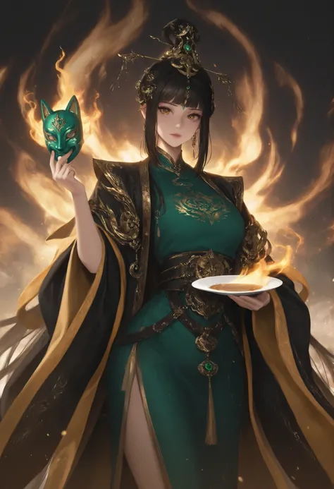 1girl,jade_mask_empress, face_plate_cracked_to_reveal_maggots, phoenix_robe_stained_with_eternal_tea
,masterpiece, best quality, newest, highres, absurdres,