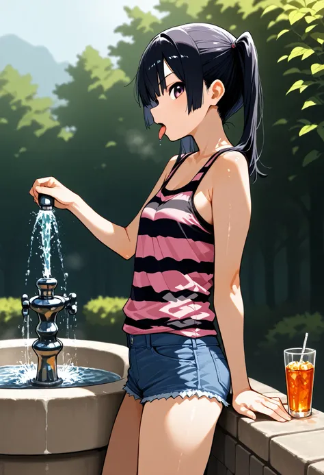 d_Giroo ,1 girl,change,tank top,hotpants,twin tails,black_hair,flin_chest,pink_ striped _太ももまin丈の靴下, drink _FOUNTAIN,adjusted_hair,from_side,Profile,A quick glance_in_viewer,tongue_outside,leaning on_go ahead