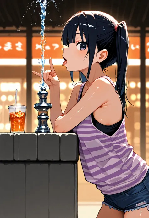 d_Giroo ,1 girl,change,tank top,hotpants,twin tails,black_hair,flin_chest,pink_ striped _太ももまin丈の靴下, drink _FOUNTAIN,adjusted_hair,from_side,Profile,A quick glance_in_viewer,tongue_outside,leaning on_go ahead