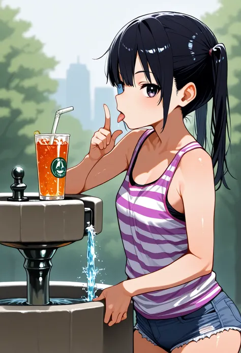 d_Giroo ,1 girl,change,tank top,hotpants,twin tails,black_hair,flin_chest,pink_ striped _太ももまin丈の靴下, drink _FOUNTAIN,adjusted_hair,from_side,Profile,A quick glance_in_viewer,tongue_outside,leaning on_go ahead