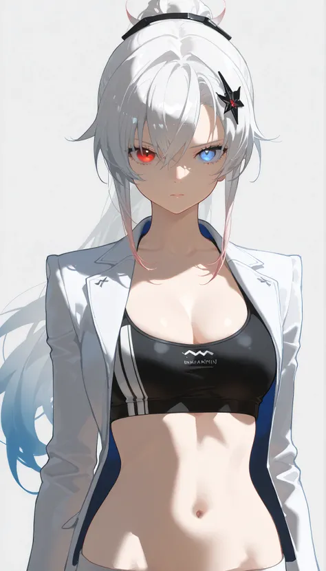  Top Quality , masterpiece,         748cm style       ,        1 girl,   ,       Viewer,  ,      serious expression,,      gray crow punishing、     Lucia、     white jacket, Frayed long hair, white hair, gradient hair, hair accessories, heterochromia, red e...