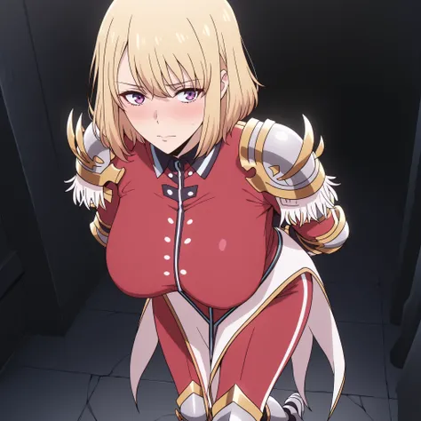 shizuku kousaka (na honjaman level up), short hair, blonde hair, purple eyes
hunter outfit, red bodysuit, pauldrons, epaulettes, cape, gauntlets, black gloves, armored boots.  arms behind back:1.4), breast, ((cute breast)), ((round breast)) (blush), 8k mas...