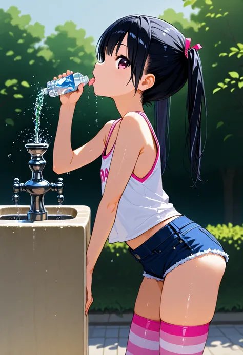 D_jirooo , 1girl ,, tanktop , hotpants , twintails , black_hair , flat_chest , pink_striped_thighhighs , drinking_fountain , adjusted_hair , from_side , profile , glancing_at_viewer , tongue_out , leaning_foward