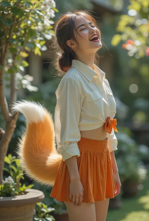 (( Top Quality , 8k)), ((masterpiece)), ( highest resolution), (( photorealistic)), perfect face , ((The woman has a tail )), ((Her tail is big )), (( A beautiful woman has her mouth and tongue open )), She's a college student , It was taken in the...