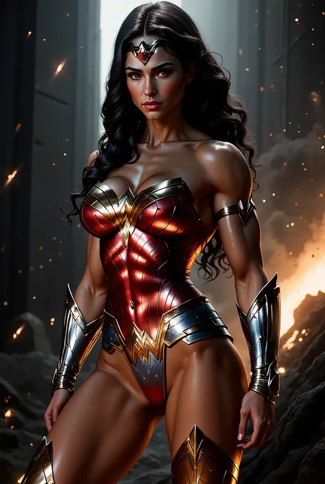 W0nd3rW0m@n, hyper-realistic, high-quality film photograph of Gal Gadot as Wonder Woman, set against a dark, aesthetic color palette with vintage film effects, including scratches and wear, enhancing the gritty atmosphere. The scene is dominated by a dynam...
