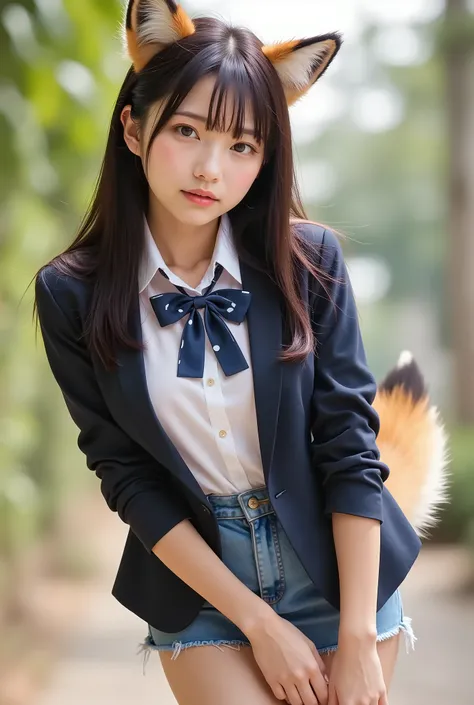 (( Top Quality , 8k)), ((masterpiece)), ( highest resolution), (( photorealistic)), perfect face , ((The woman has a tail )), ((Her tail is big )), (( A beautiful woman has her mouth and tongue open )), She's a college student , It was taken in the...