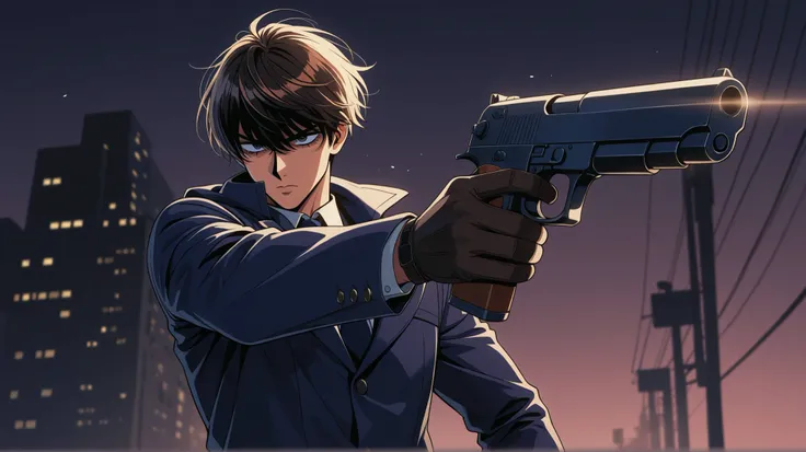 armed detective man running and shooting two robbers on dark city street retrowave 90s