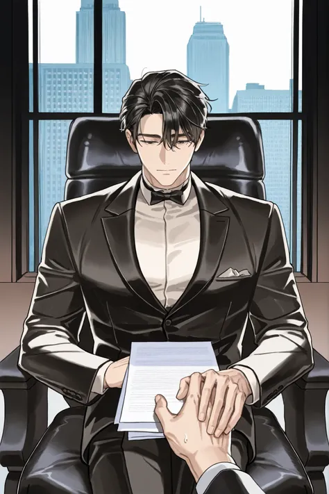 1 male, seme, handsome male, tall male, front view. He is sitting on a luxurious black chair in a office demanding important documents from you that you hold. Taking place in a skyscraper with window behind character. Male holding documents that a female a...
