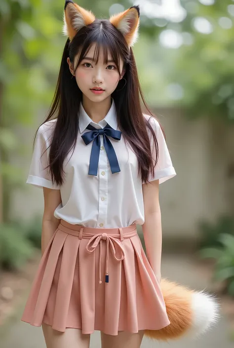 (( Top Quality , 8k)), ((masterpiece)), ( highest resolution), (( photorealistic)), perfect face , ((The woman has a tail )), ((Her tail is big )), (( A beautiful woman has her mouth and tongue open )), She's a college student , It was taken in the...