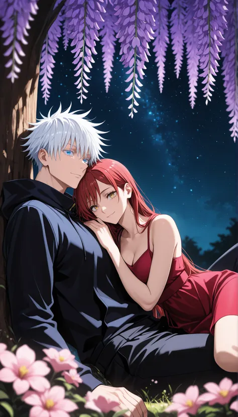 masterpiece, best quality), safe, amazing quality, very aesthetic, absurdres, highres, newest, HDR, 8K, high detail RAW color art, large pupil, eyelashes, BREAK couple, hetero, duo focus, (size difference, height difference), happy, under a large tree Wis...