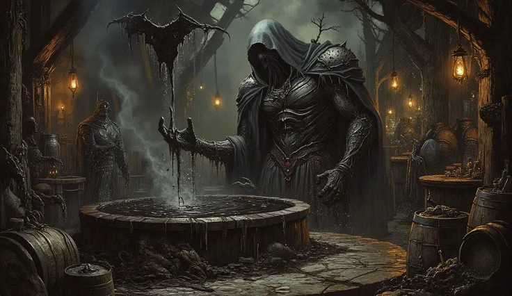 Prompt: "A haunting medieval brewery filled with large fermenters and aged wooden barrels, dimly lit by flickering lanterns. At the center stands a massive cauldron brimming with an ominous, thick black liquid. Emerging from the liquid, a terrifying figure...