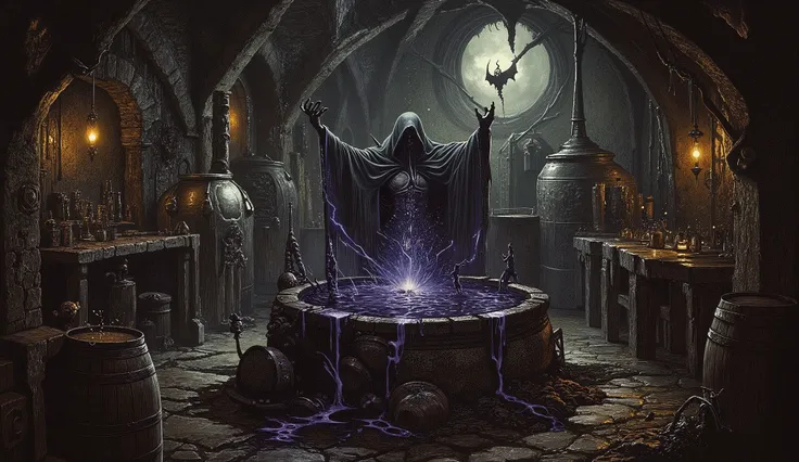 Prompt: "A haunting medieval brewery filled with large fermenters and aged wooden barrels, dimly lit by flickering lanterns. At the center stands a massive cauldron brimming with an ominous, thick black liquid. Emerging from the liquid, a terrifying figure...
