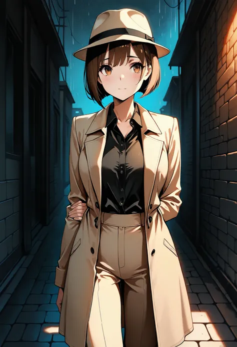 masterpiece, best quality, highly detailed, soft shading, cinematic lighting, beautiful composition, 8k, anime illustration, A woman in detective cosplay inspired by classic hardboiled noir fiction. She has a sleek brown bob haircut and wears a beige trenc...