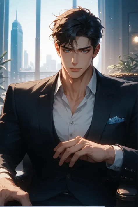 1 male, seme, handsome male, tall male, front view. He is sitting on a luxurious black chair in a office demanding important documents from you that you hold. Taking place in a skyscraper with window behind character. 1 Female's hand, female handing docume...