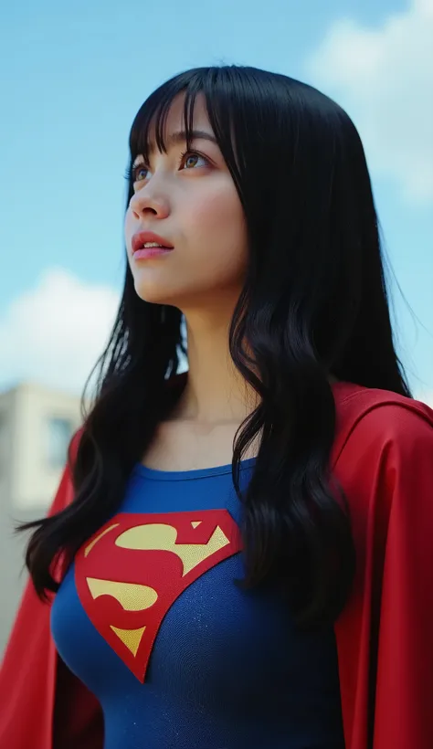 Realistic, sinematic. Close up, focus face, Asian girl, beautiful, petite body, 160 cm, black hair, long hair, beautiful bangs hair, sexy supergirl costume, sexy, breast. A Supergirl costume with a tight blue top featuring the Supergirl logo on the chest a...