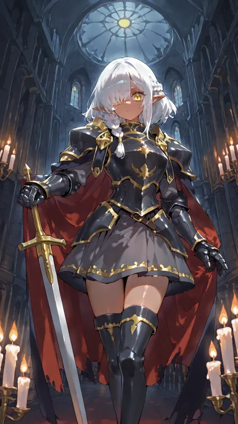 score_9, score_8_up, score_7_up, score_6_up, source_anime, BREAK dutch angle, castle, candle, darkness, indoors, shade, 1girl, hair covering one eye, white hair, long white braid, yellow eyes, pointy ears, knight, armor, pauldrons, breastplate, red cape, g...
