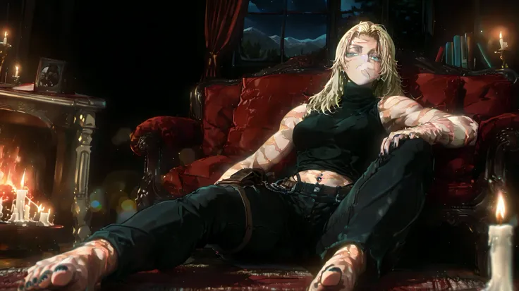 (solo), 1girl
full body, (long shot:1.5)
tskm,yuki, jujutsu kaisen, long hair, (blond hair), green eyes, slit pupils, medium breasts, bangs, parted bangs,blonde hair, black nails, wide hips, black eyeliner,
wearing shirt, navel, (scars on arms), (scars on...