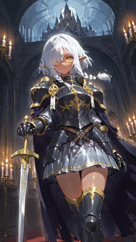 score_9, score_8_up, score_7_up, score_6_up, source_anime, BREAK dutch angle, castle, candle, darkness, indoors, shade, 1girl, hair covering one eye, white hair, long white braid, yellow eyes, pointy ears, knight, armor, pauldrons, breastplate, red cape, g...