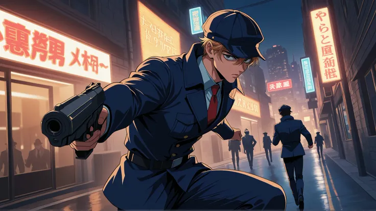 armed detective man running and shooting two robbers on dark city street retrowave 90s