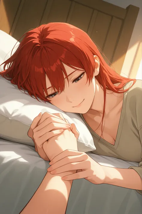gentle smile, tousled red hair, light gray v-neck shirt, relaxed pose, lying on bed, looking directly, serene expression, fair smooth skin, fingers gently intertwined, indoor setting, soft morning light, light from right, warm and intimate atmosphere, clos...