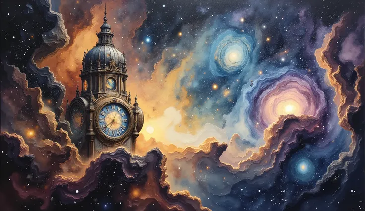 A celestial cartographer meticulously charts the constellations from atop a colossal, ornate clockwork tower that pierces the swirling nebulae. The tower is adorned with stained glass windows depicting various zodiac signs, casting colorful patterns across...