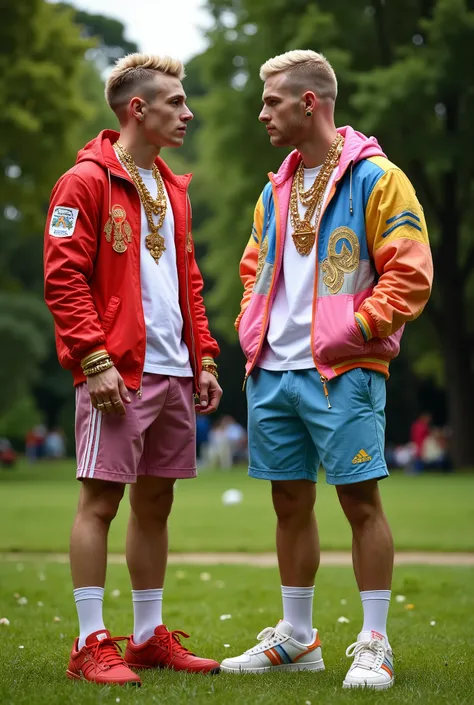 public garden, full body view 2 different arrogant white scallyguys with chav-styled short sculpted undercuts, dozens golden rings, necklaces, bracelets, sheer white high nylon-socks, Nike hype-fashioned chunky colored sneakers, stylish brightly colored ad...