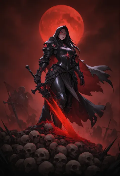 1girl,dark paladin, black iron armor, glowing red eyes, cursed sword, foggy battlefield, blood moon, tattered cloak, skull pauldrons, medieval dark fantasy
,masterpiece, best quality, newest, highres, absurdres,