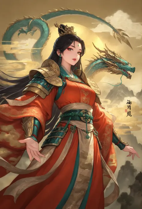 1girl,dragon rider in Ming dynasty flying fish robe, embroidered with golden clouds, jade belt, iron-winged dragon, mountain peaks, ink painting sky, traditional Chinese armor pauldrons, silk sash fluttering, cinematic wuxia lighting
,masterpiece, best qua...