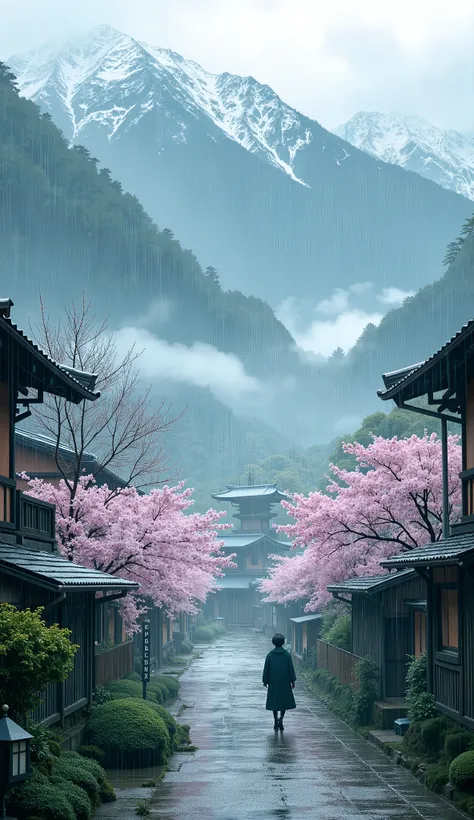 masterpiece, Best Quality, details,Silence、Village deep in the mountains、Yamazakura、rain、rain雲、 Deep Mist、Cherry blossoms in Yoshino
