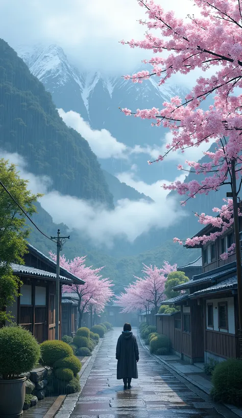 masterpiece, Best Quality, details,Silence、Village deep in the mountains、Yamazakura、rain、rain雲、 Deep Mist、Cherry blossoms in Yoshino