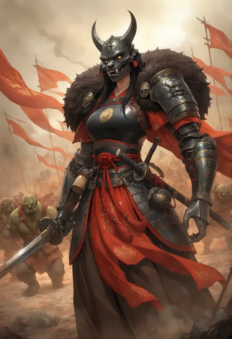 1girl,orc warlord in Qing dynasty military bufu, beast head insignia, metallic claw gauntlets, nine-ring broadsword, battlefield with red banners, smoke and war drums, epic Chinese war painting style
,masterpiece, best quality, newest, highres, absurdres,