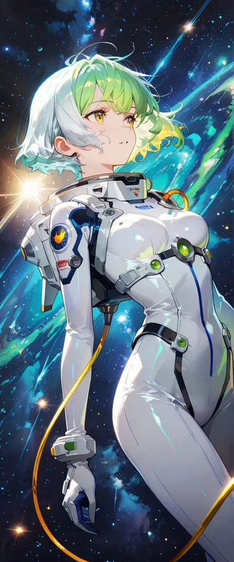 1 woman, dutch angle, multicolored hair, white hair, neon green hair, golden eyes, space suit, looking at the stars, space theme, masterpiece, high quality, highly detailed