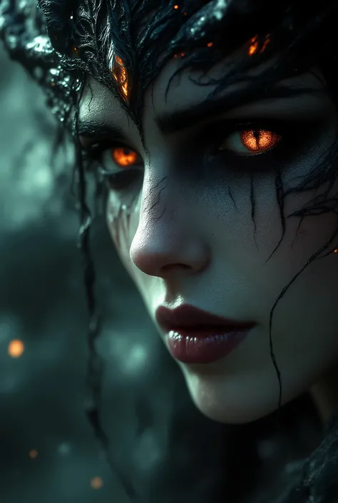gothic woman, face in the foreground, angelic smile with black tears of old sadness, an aura of innocence and purity surrounds her face, while her eyes shine with a dark intensity, suggesting an internal struggle . in the background, a dark and ghostly ...