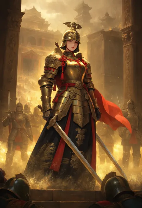 1girl,Imperial guard in Gothic plate armor, riveted steel with golden dragon engravings, armet helmet with red tassel, twin dao swords crossed on back, standing in Forbidden City snowstorm, oil painting style
,masterpiece, best quality, newest, highres, ab...