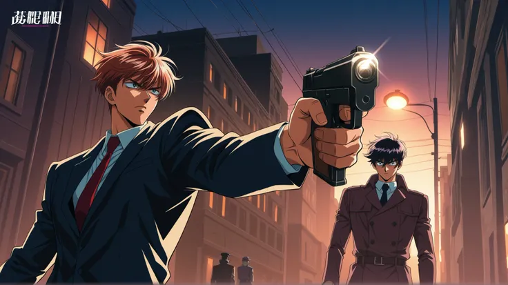 Armed detective man running after shooting two robbers on dark city street design style anime retrowave 90s