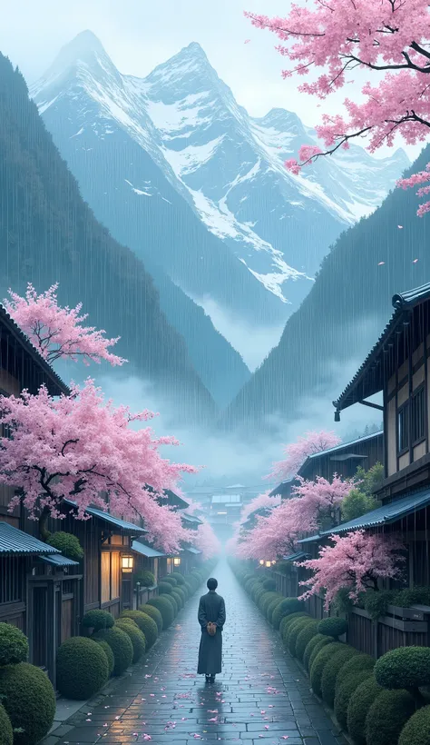 masterpiece, Best Quality, details,Silence、Village deep in the mountains、Yamazakura、rain、rain雲、 Deep Mist、Cherry blossoms in Yoshino