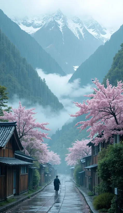 masterpiece, Best Quality, details,Silence、Village deep in the mountains、Yamazakura、rain、rain雲、 Deep Mist、Cherry blossoms in Yoshino
