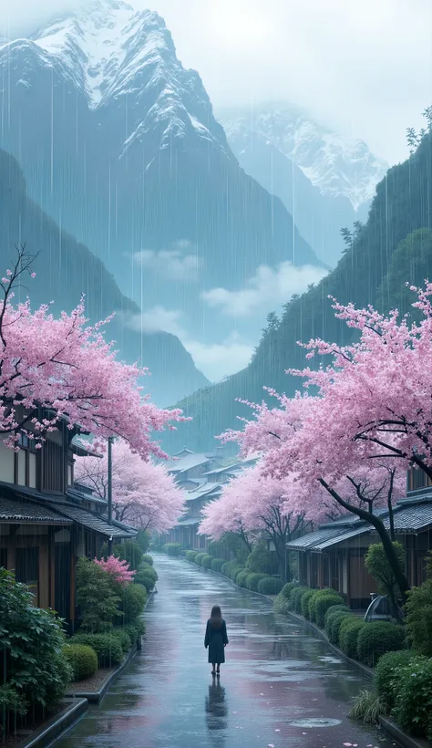 masterpiece, Best Quality, details,Silence、Village deep in the mountains、Yamazakura、rain、rain雲、 Deep Mist、Cherry blossoms in Yoshino