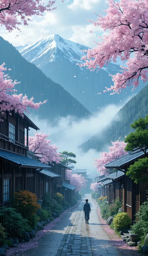 masterpiece, Best Quality, details,Silence、Village deep in the mountains、Yamazakura、rain、rain雲、 Deep Mist、Cherry blossoms in Yoshino